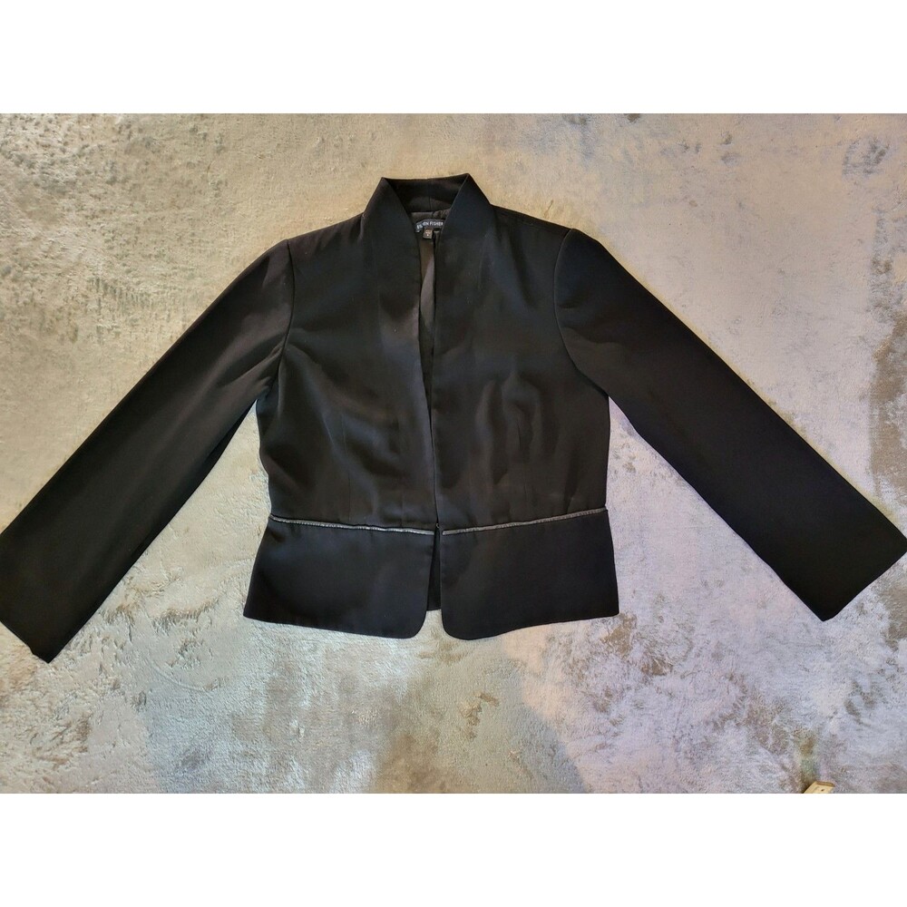 Eileen Fisher Black Open Blazer Sz S Peplum Leather Piping Silk Lined Jacket